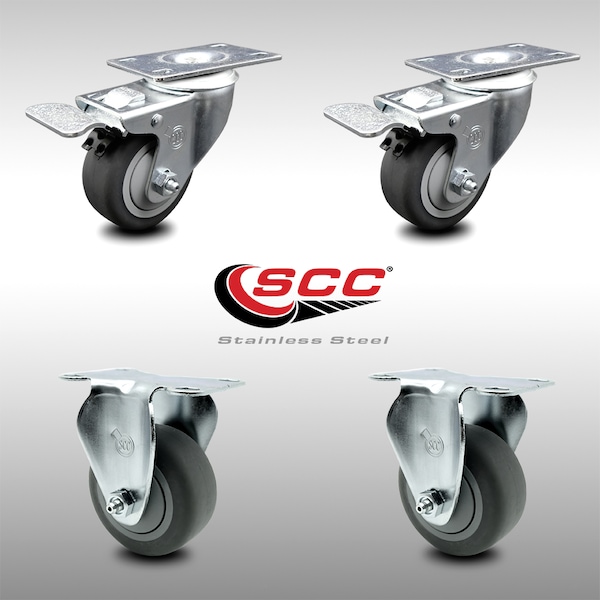 3 Inch SS Thermoplastic Rubber Wheel Top Plate Caster Lock Brake 2 Rigid, 2PK